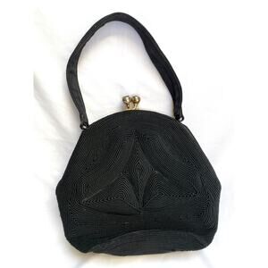 Vintage 1940s Genuine Corde Black Kisslock Elegant Small Evening Purse Handbag